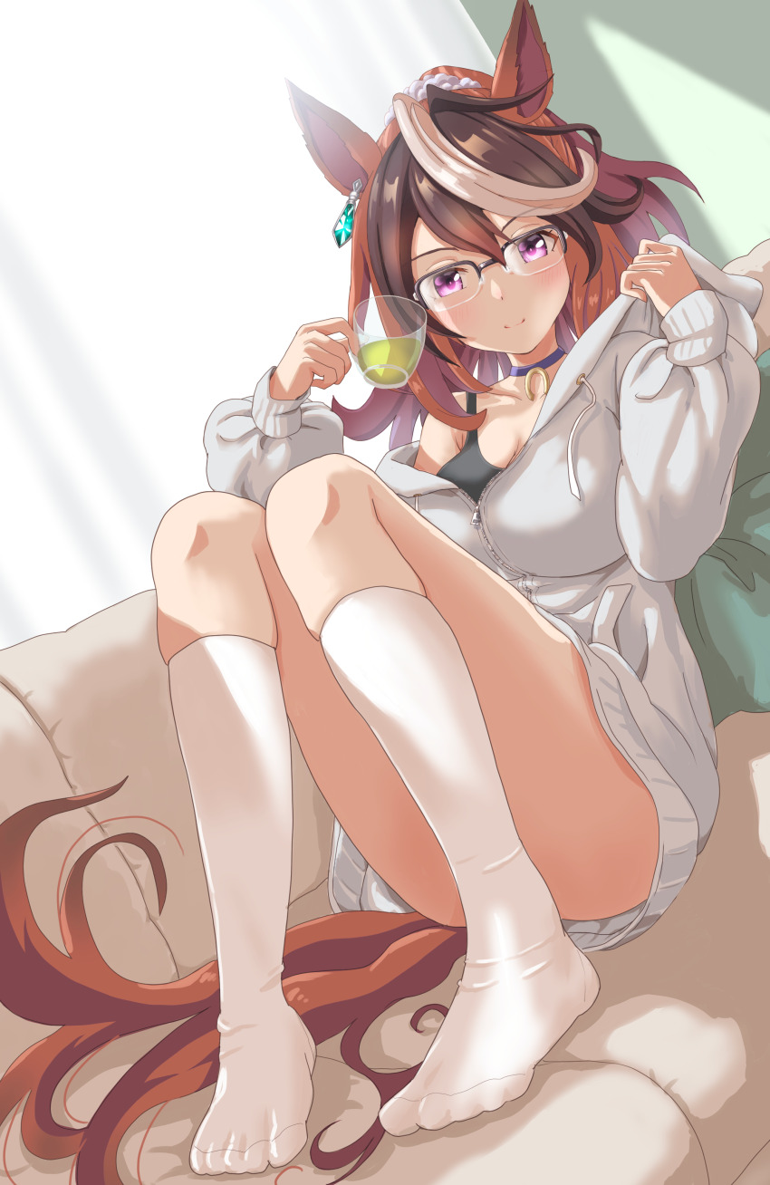 1girl, absurdres, alternate_costume, animal_ears, bespectacled, black_tank_top, brown_hair, commentary_request