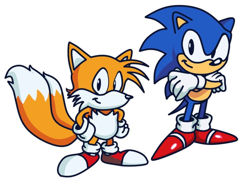2boys, animal_ears, animal_nose, classic_sonic, classic_tails, closed_mouth, crossed_arms, fox_boy