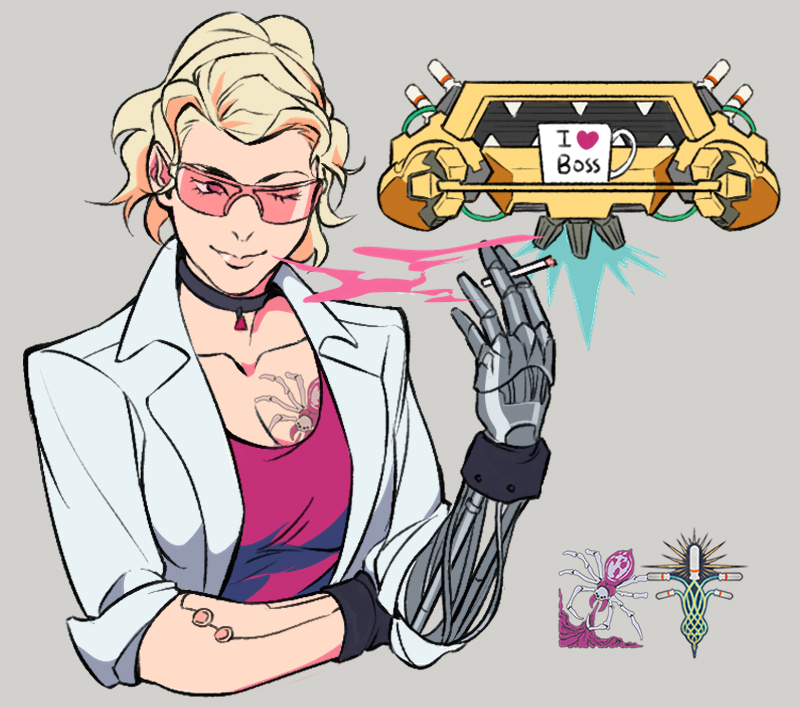 1girl, 1other, armored_core, armored_core_vi:_fires_of_rubicon, black_choker, blonde_hair, cable, chatty_stick