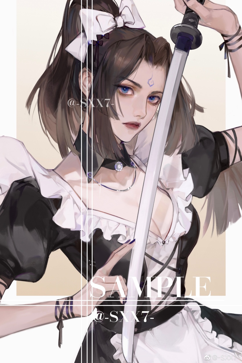 1girl, absurdres, apron, arm_ribbon, black_bow, black_collar, black_dress, black_nails