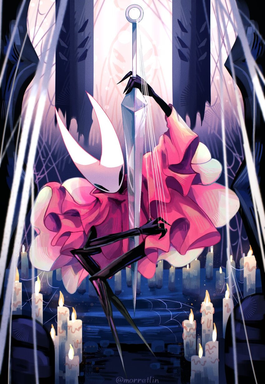 1girl, black_skin, candle, candlelight, candlestand, cloak, colored_skin, curtains, highres, holding, holding_sword, holding_weapon, hollow_eyes, hollow_knight, hornet_(hollow_knight), horns, looking_down, mask, morretlin, red_cloak, signature, silk, solo, spider_web, stairs, sword, torn_curtains, weapon, white_mask