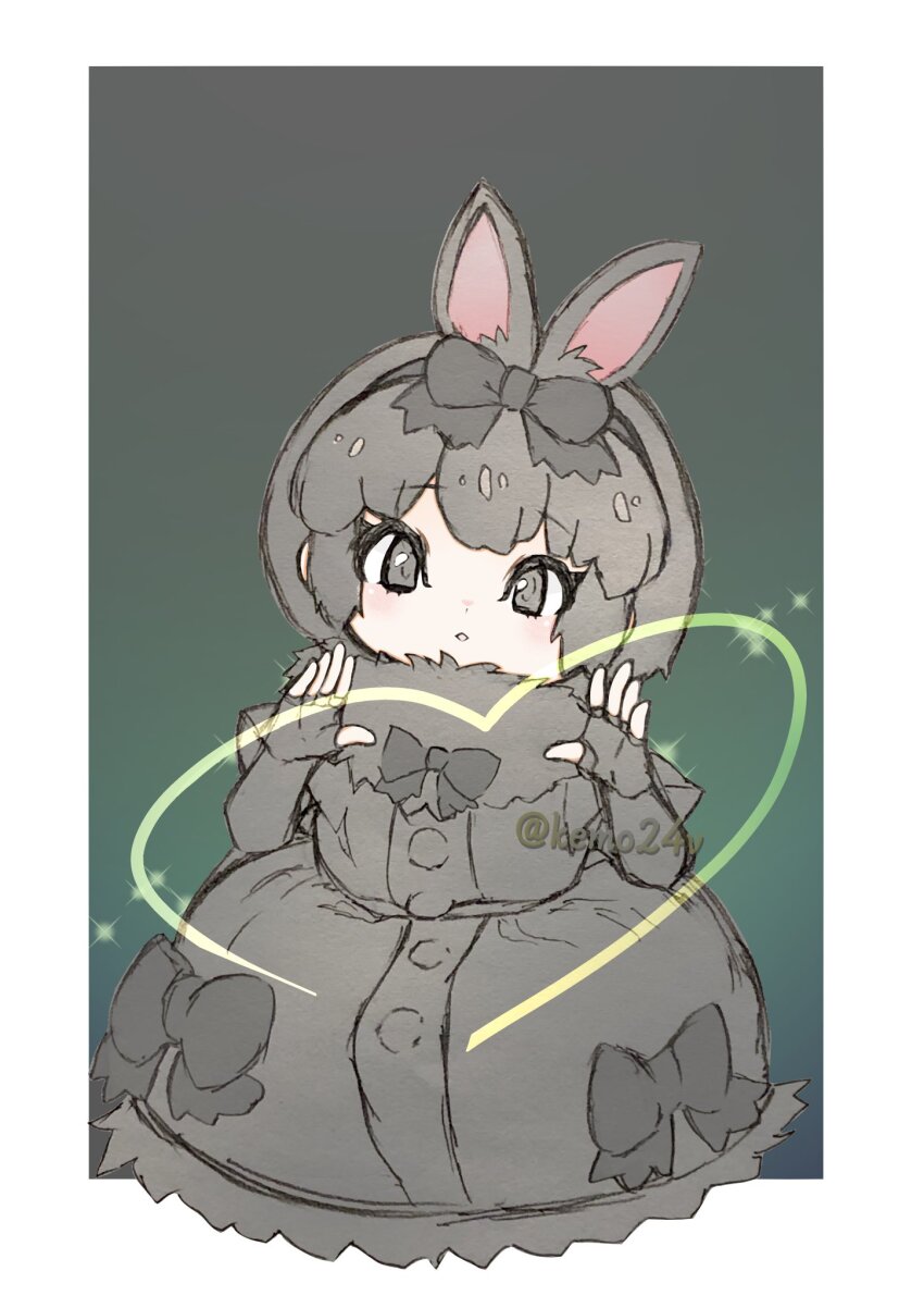 1girl, amami_rabbit_(kemono_friends), animal_ears, black_bow, black_dress, black_eyes, black_fur, black_gloves