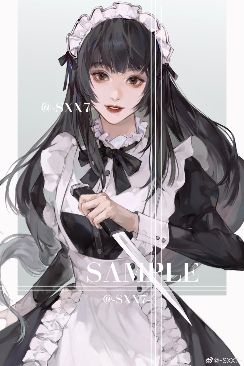 1girl, absurdres, apron, black_bow, black_bowtie, black_dress, black_hair, border