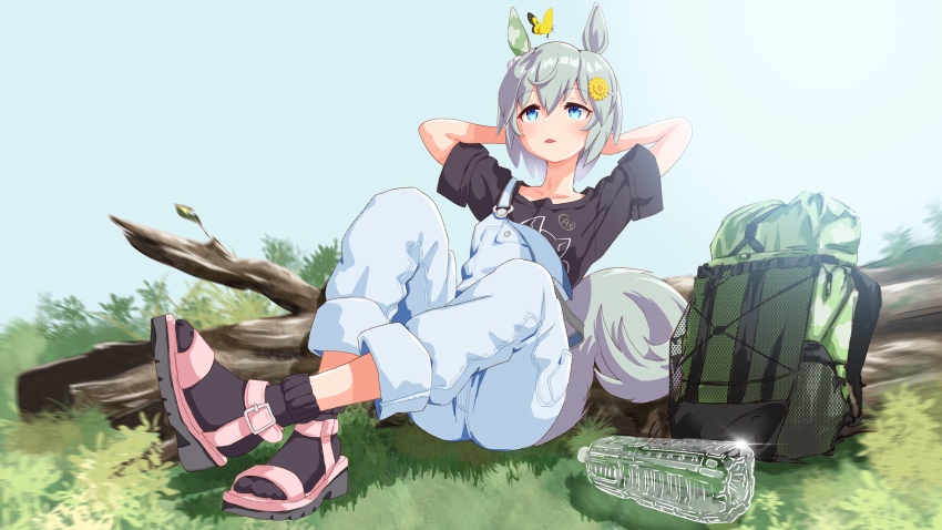 1girl, absurdres, animal_ears, arms_up, black_shirt, black_socks, blue_overalls, blush