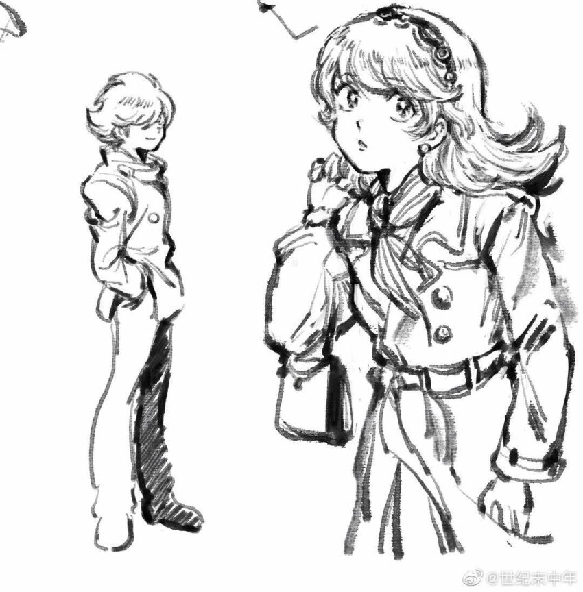 1boy, 1girl, belt, coat, cyborg, cyborg_009, earrings, francoise_arnoul