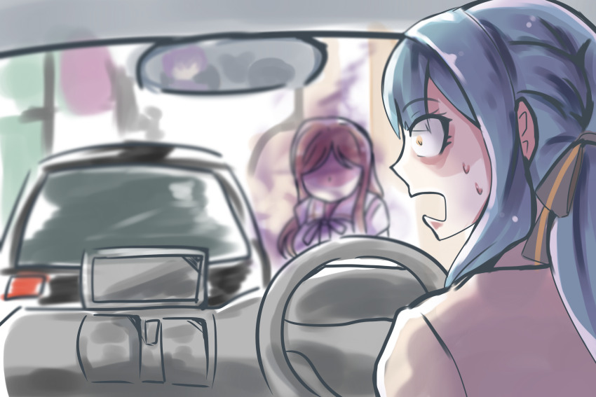 1girl, 2girls, bang_dream!, bang_dream!_it's_mygo!!!!!, black_ribbon, blonde_hair, blue_eyes, blue_hair, blue_shirt, blush, brown_hair, closed_mouth, commentary_request, dress, fang, green_hair, grey_eyes, hair_ribbon, haneoka_school_uniform, highres, jacket, long_hair, long_sleeves, manatsu_no_yo_no_inmu, medium_hair, mf, multiple_girls, mygo!!!!!_(bang_dream!), nagasaki_soyo, open_mouth, pink_hair, ribbon, right-hand_drive, school_uniform, shirt, short_sleeves, sidelocks, simple_background, skirt, togawa_sakiko, tsukinomori_school_uniform, two_side_up, white_background, white_shirt, yellow_eyes