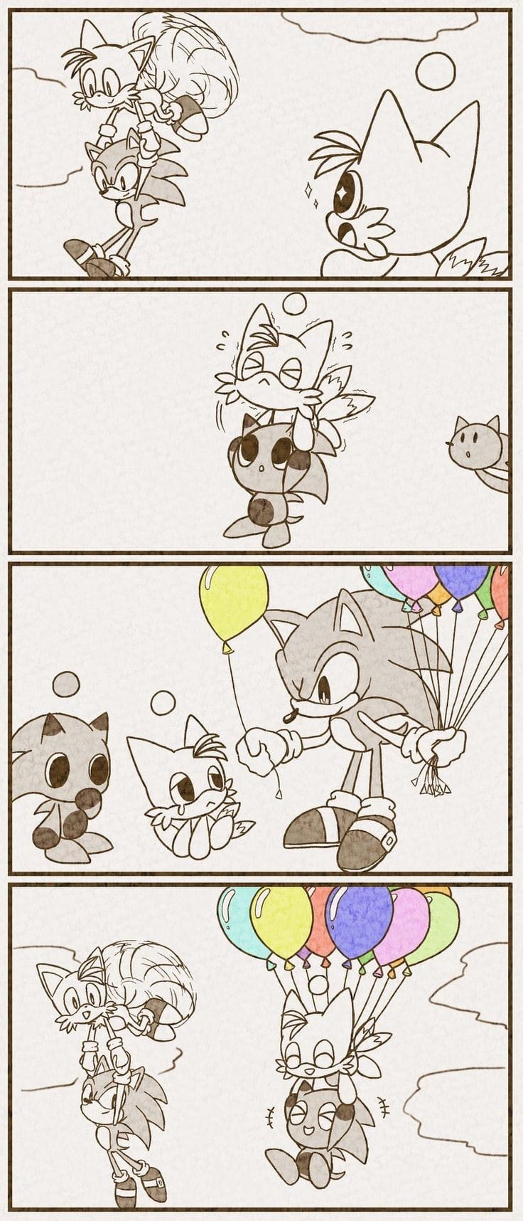 4koma, artist_request, balloon, chao_(sonic), comforting, comic, flying, fox, goves, highres, multiple_tails, sega, shoes, sky, smile, socks, sonic_(series), sonic_adventure, sonic_the_hedgehog, spiked_hair, tail, tails_(sonic), tears, two_tails