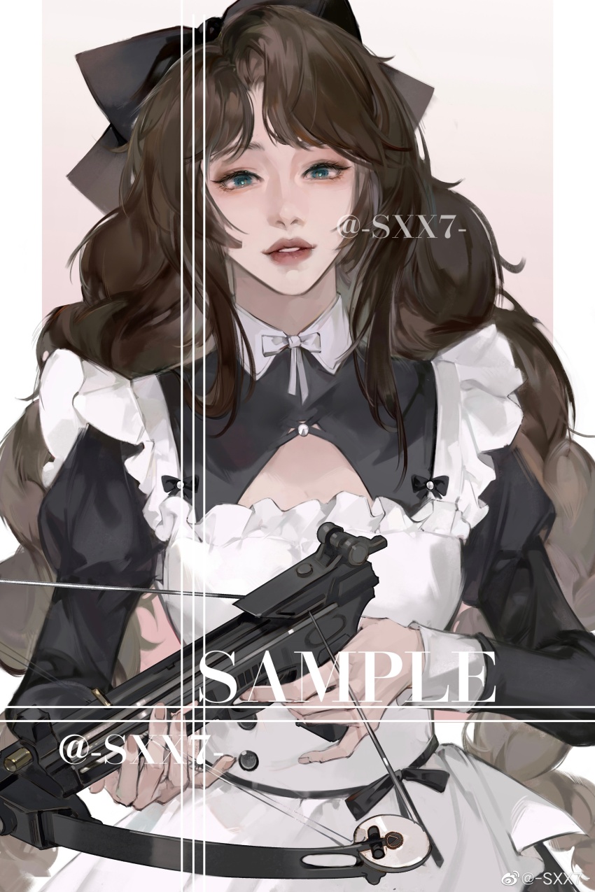 1girl, absurdres, apron, black_bow, black_dress, border, bow, bow_(weapon)