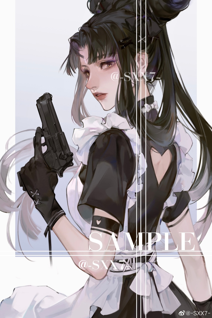 absurdres, apron, armlet, back_bow, back_cutout, black_bow, black_dress, black_gloves