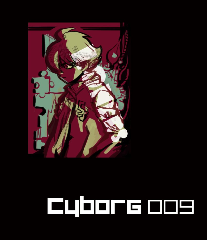 1boy, ahoge, angry, cable, cyborg, cyborg_009, hair_over_face, hair_over_one_eye