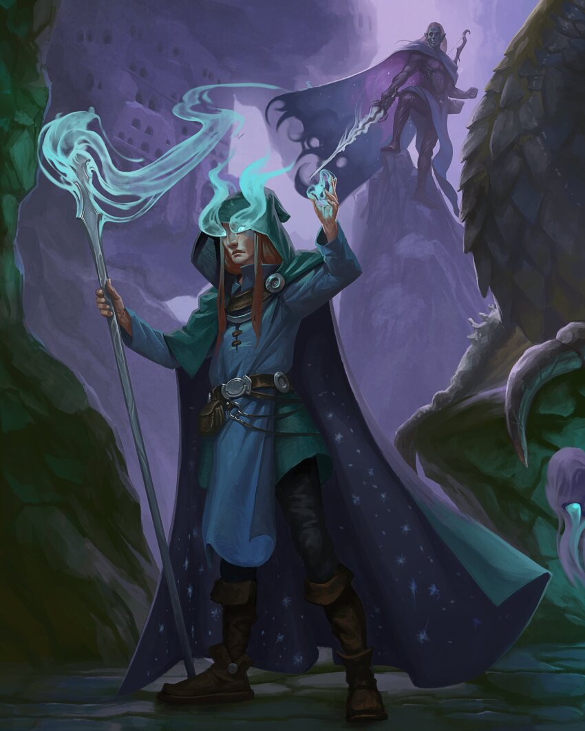 2boys, belt, belt_pouch, black_pants, blue_tunic, boots, brown_belt, brown_boots