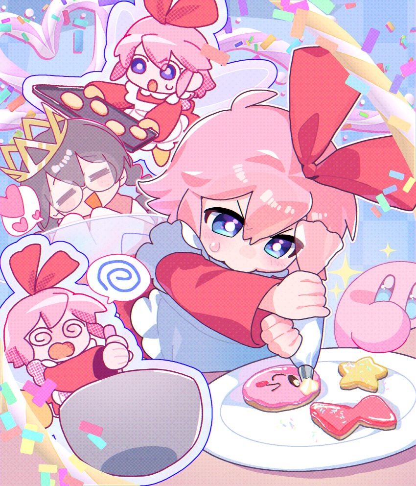 0tamt0, 2girls, =_=, @_@, absurdres, apron, baking_sheet, black_hair, blue_eyes, blush_stickers, cookie, crown, fairy, fairy_wings, food, highres, holding, holding_pastry_bag, kirby, kirby_(series), kirby_64, multiple_girls, multiple_views, nintendo, open_mouth, pastry_bag, pink_hair, red_ribbon, ribbon, ribbon_(kirby), ripple_star_queen, round_eyewear, sleeves_past_fingers, sleeves_past_wrists, sparkle, sprinkles, star_(symbol), sweatdrop, white_apron, wings