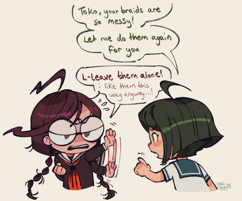 2girls, ahoge, artist_name, black_shirt, blue_sailor_collar, blush, blush_stickers, braid