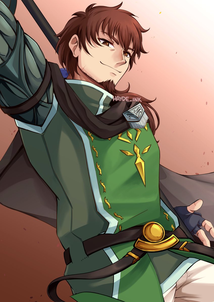 1boy, arm_up, artist_name, belt, black_belt, black_gloves, brown_eyes, brown_hair