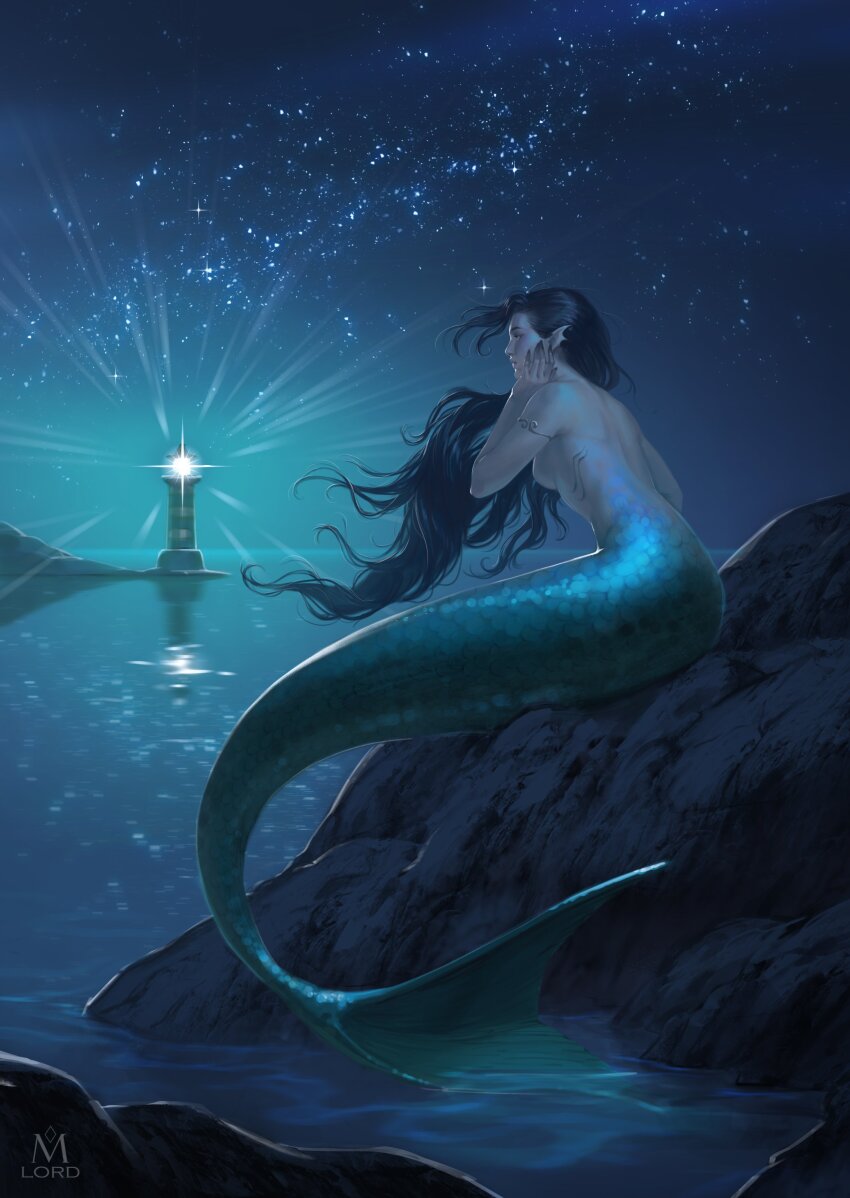 1girl, absurdres, artist_name, black_hair, highres, lighthouse, long_hair, lordm-art, mermaid, monster_girl, night, original, outdoors, solo, water
