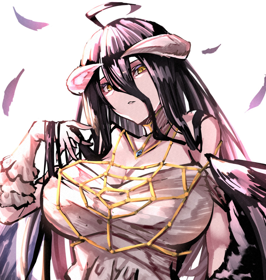 1girl, absurdres, ahoge, albedo_(overlord), black_feathers, black_hair, black_wings, breasts