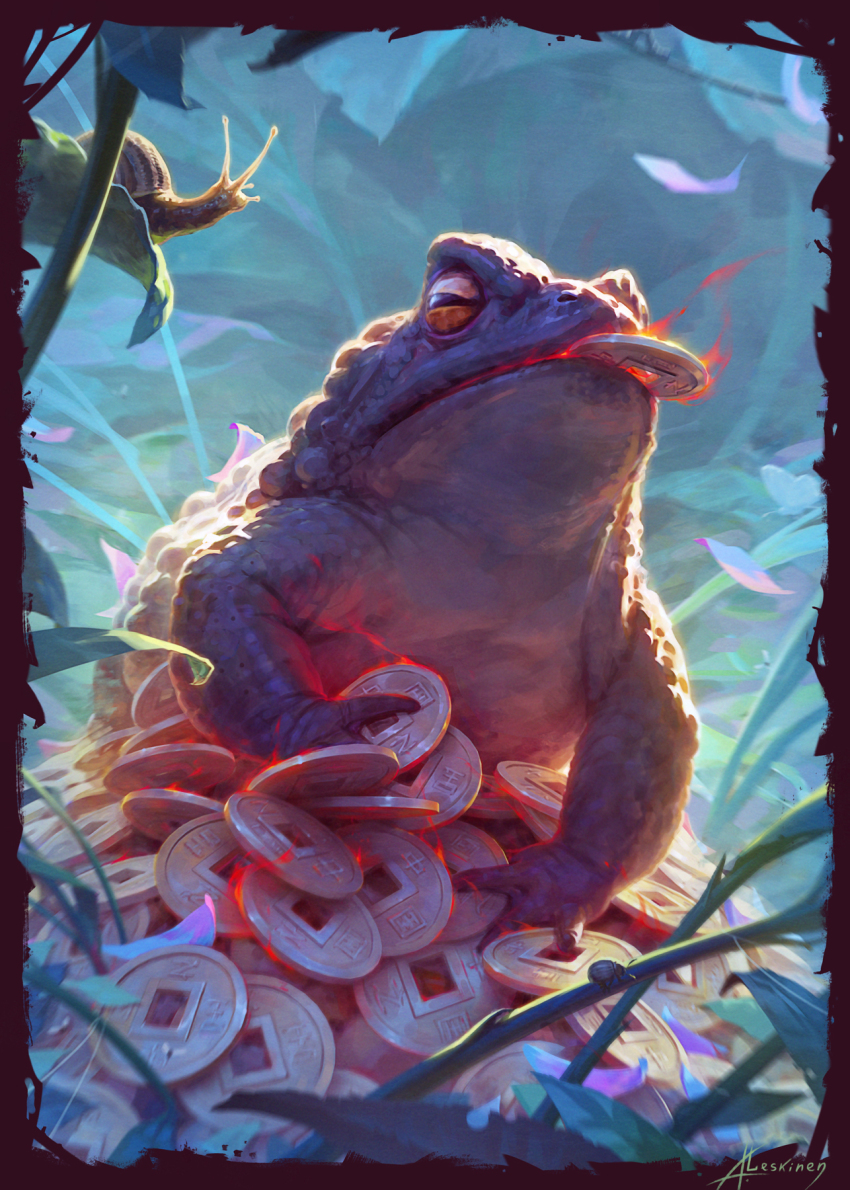 alexandr_leskinen, chinese_coin, coin, highres, leaf, no_humans, original, signature