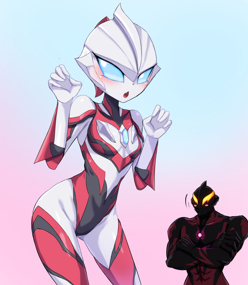 1boy, 1girl, :o, abs, alien, arm_blade, black_skin, blue_background