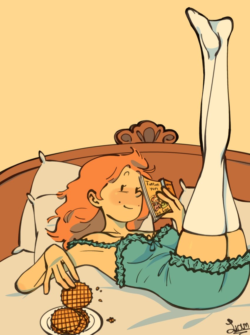 1girl, blue_negligee, blush, book, breasts, food, frilled_negligee, genderswap