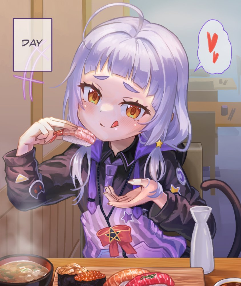 1girl, alcohol, arched_bangs, black_shirt, blush, cat_tail, eating, english_text