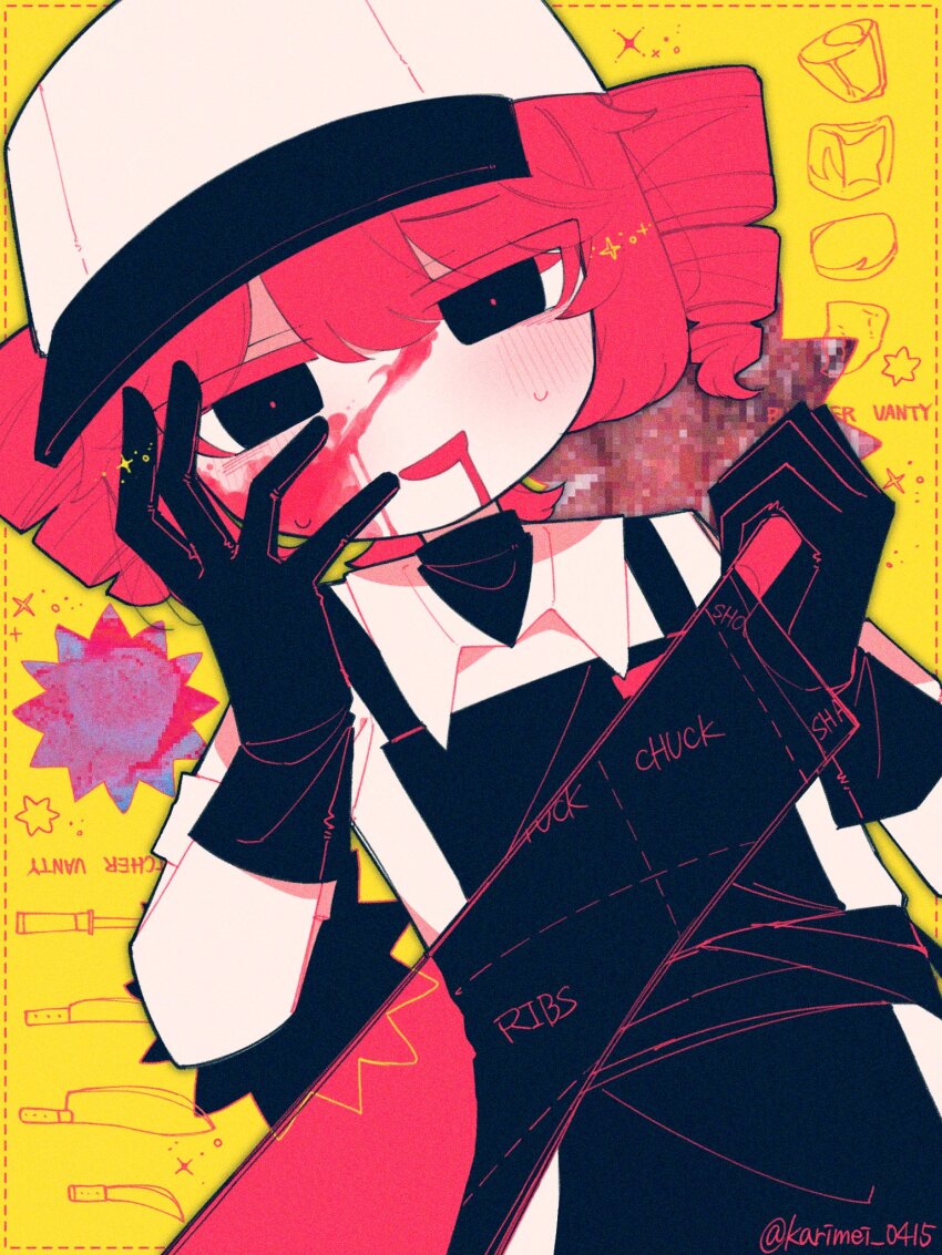 1girl, 2girls, alternate_costume, apron, black_apron, black_eyes, black_gloves, black_shirt, blood, butcher_vanity_(synthesizer_v), collared_shirt, constricted_pupils, drill_hair, drooling, flat_chest, gloves, hair_between_eyes, hair_ornament, hat, highres, karimei_(karimei_0415), kasane_teto, knife, looking_at_viewer, mob_cap, multiple_girls, red_pupils, shirt, short_sleeves, sweatdrop, twin_drills, utau, white_hat, white_shirt, wing_collar, x_hair_ornament