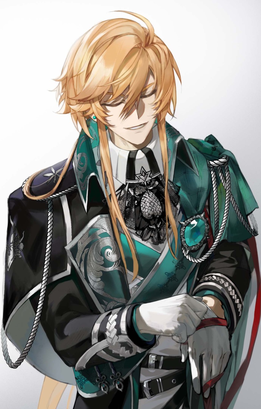 0723_yuan_shang_fuhuo_ban, 1boy, adjusting_clothes, adjusting_gloves, aiguillette, aqua_cape, aqua_gem, aqua_sash