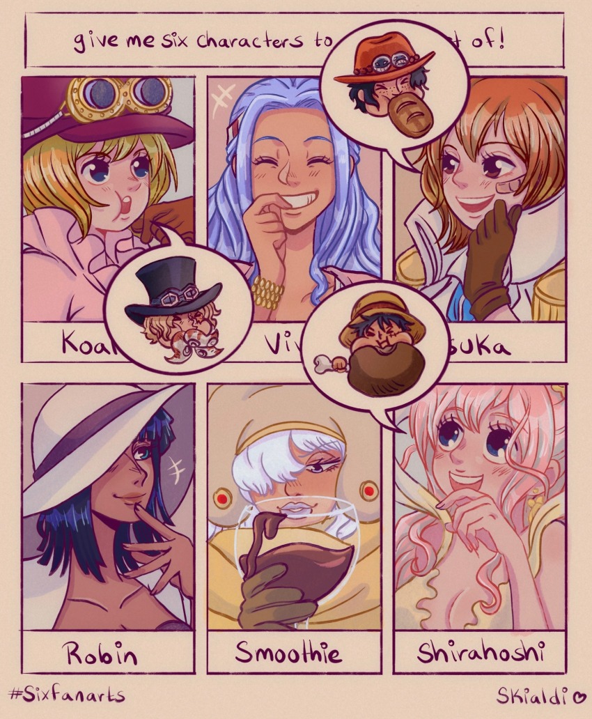 3boys, 6+girls, ^_^, bandaid, bandaid_on_face, black_hair, blonde_hair, blue_eyes, blue_hair, bracelet, brown_gloves, charlotte_smoothie, closed_eyes, commentary, eating, english_commentary, food, gloves, goggles, goggles_on_headwear, hair_over_one_eye, hat, highres, isuka_(one_piece), jewelry, koala_(one_piece), long_hair, looking_up, meat, medium_hair, monkey_d._luffy, multiple_boys, multiple_drawing_challenge, multiple_girls, nefertari_vivi, nico_robin, one_piece, one_piece:_baron_omatsuri_and_the_secret_island, pink_hair, portgas_d._ace, sabo_(one_piece), scar, scar_on_face, shirahoshi, short_hair, sidelocks, skialdi, smile, straw_hat, white_hair