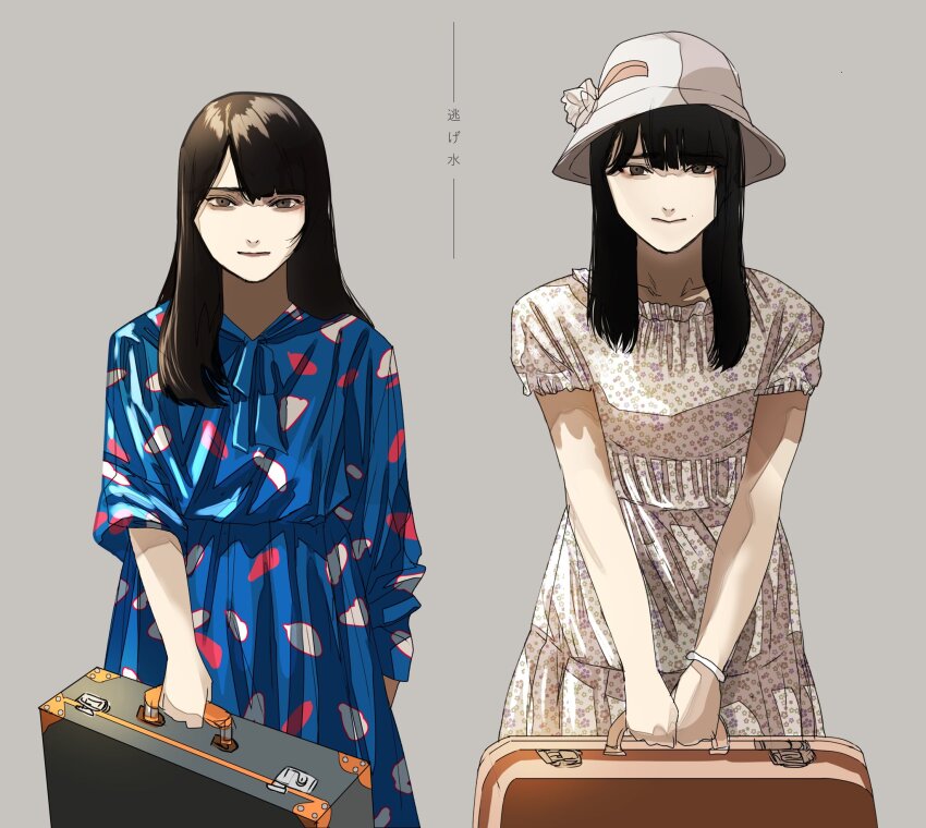 2girls, black_eyes, blue_dress, character_request, commentary, dress, grey_background, gunjyou_(gunjyou_00)