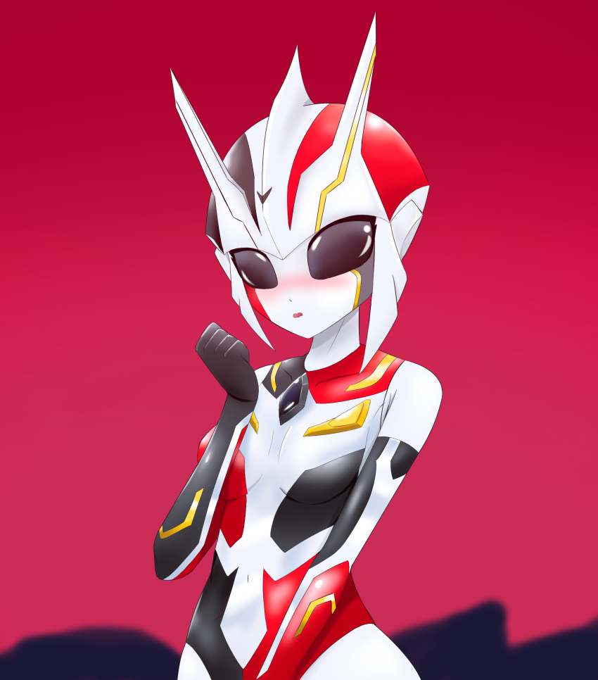 1girl, absurdres, alien, bare_shoulders, black_eyes, black_gloves, black_leotard, blurry, blurry_background, blush, breasts, clenched_hand, collarbone, color_timer, colored_skin, commentary, covered_navel, dark_faust, dorsal_fin, dot_nose, elbow_gloves, english_commentary, facial_mark, gloves, hand_up, highres, horns, humanization, leotard, looking_down, medium_breasts, multicolored_gloves, multicolored_leotard, navel, no_pupils, nose_blush, open_mouth, red_background, red_leotard, skin_tight, solo, standing, tokusatsu, ultra_series, ultraman_nexus_(series), upper_body, wavy_mouth, white_leotard, white_skin, zerokun135