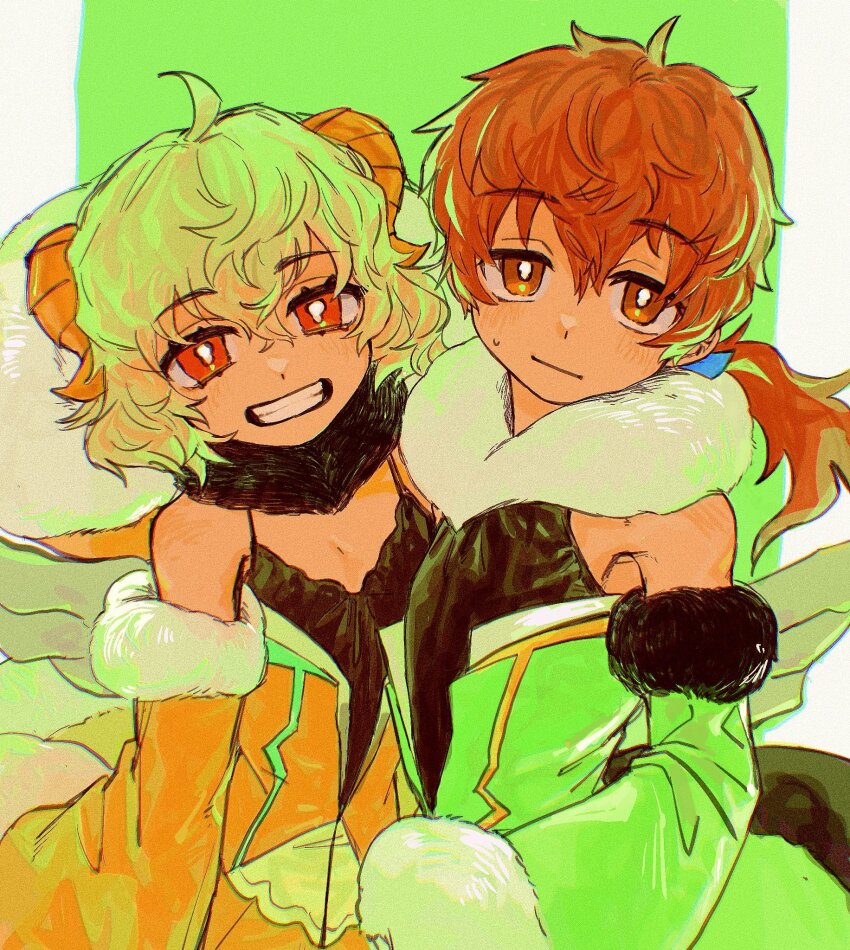 2boys, aged_down, ahoge, azi_pra, black_dress, blue_ribbon, blush, bright_pupils, brown_eyes, brown_hair, closed_mouth, detached_sleeves, dress, fate/grand_order, fate_(series), goat_horns, grin, hector_(fate), highres, horns, looking_at_viewer, male_focus, multiple_boys, paris_(fate), paris_(third_ascension)_(fate), ponytail, red_eyes, ribbon, short_hair, smile, sweatdrop, trap, white_pupils