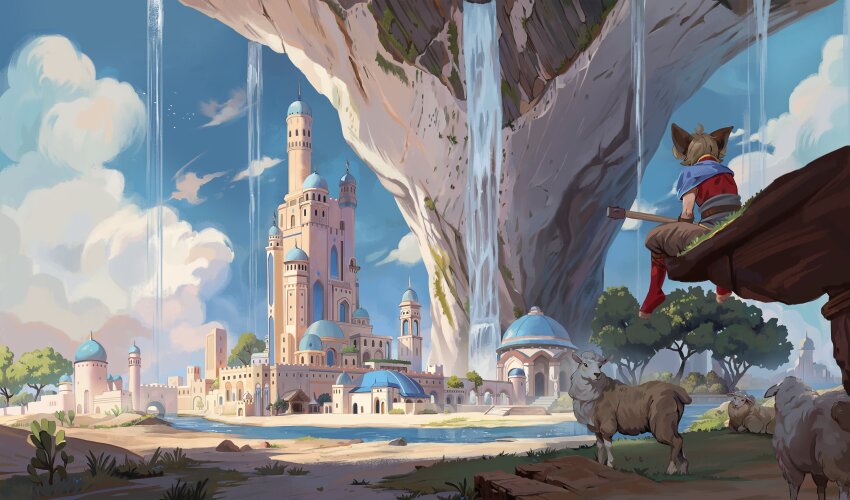 1boy, animal_ears, antenna_hair, battlement, blue_capelet, blue_sky, brown_hair, brown_pants