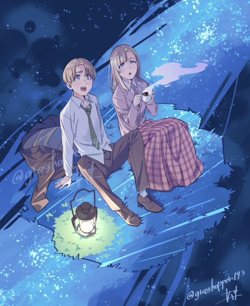1boy, 1girl, :o, annie_leonhart, arm_support, armin_arlert, artist_name, blanket_over_legs