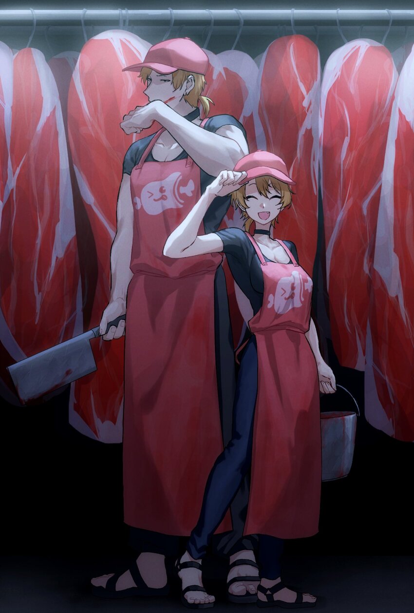 1boy, 1girl, apron, black_choker, blonde_hair, blood, blood_on_face, bucket