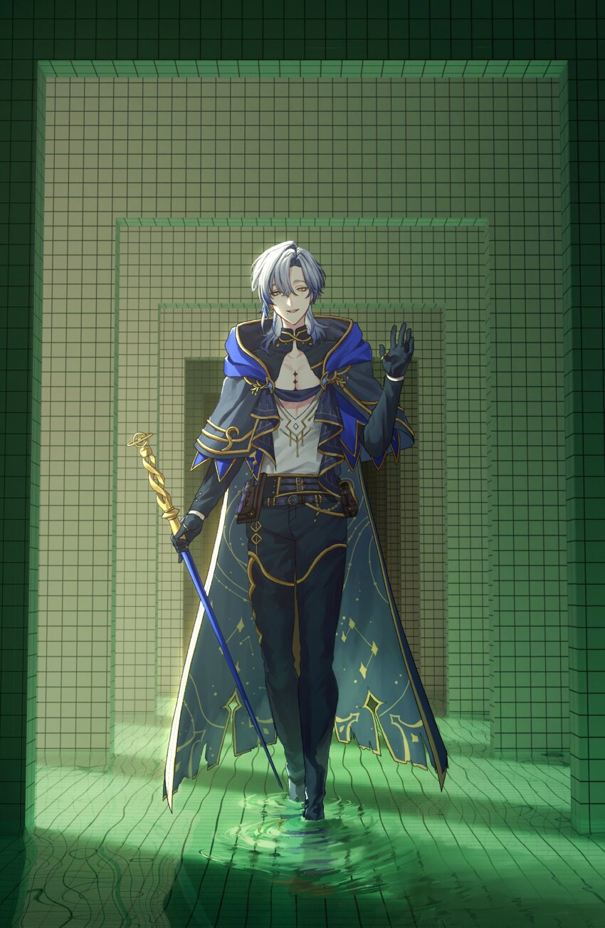 1boy, backrooms_(creepypasta), belt, black_gloves, black_pants, blue_hair, dream_pool, gloves