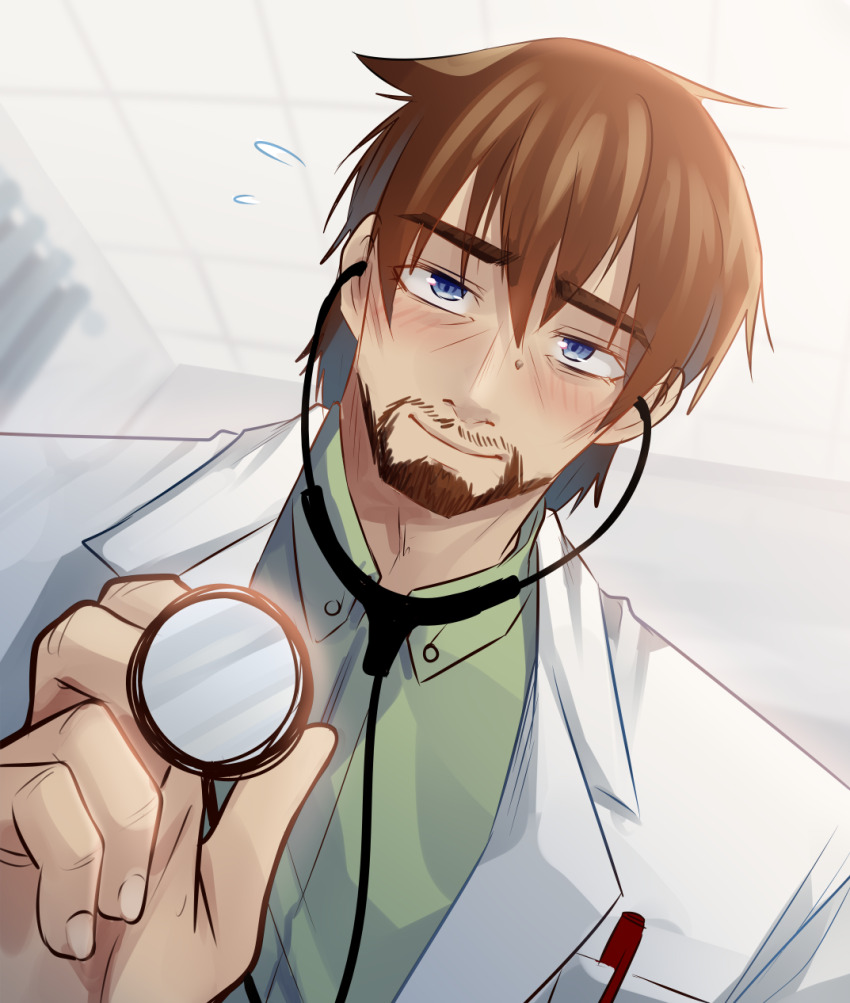 1boy, beard, blue_eyes, blush, brown_hair, drawfag, einar, facial_hair, flying_sweatdrops, green_shirt, highres, holding, holding_stethoscope, indoors, jacket, looking_at_viewer, male_focus, pen, shirt, solo, stethoscope, vinland_saga, white_jacket