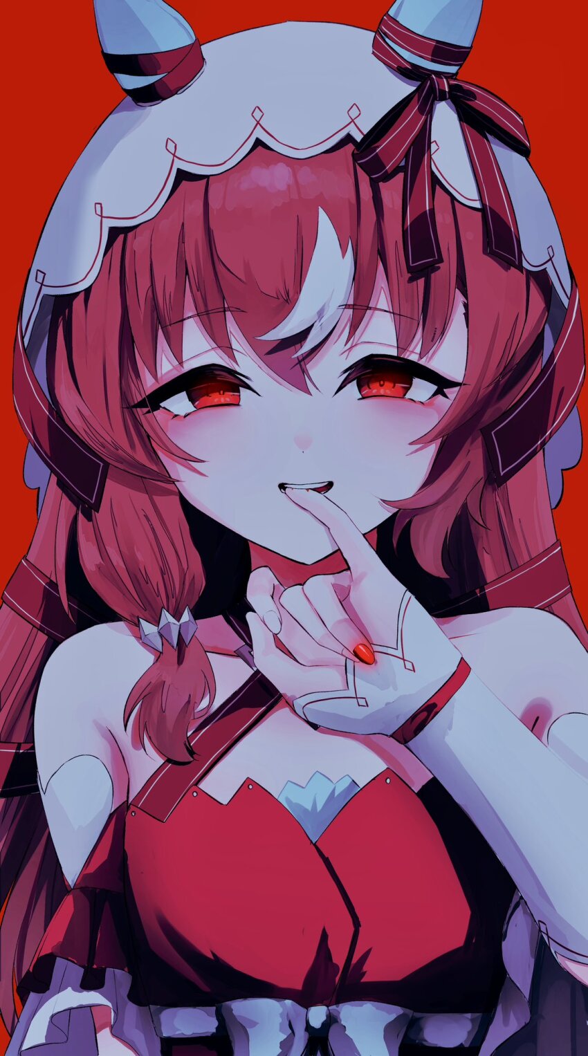 1girl, animal_ears, biting_own_finger, blood, breasts, brown_hair, collarbone, commentary_request, detached_sleeves, fingernails, hair_between_eyes, hair_ornament, highres, horse_ears, long_hair, looking_at_viewer, nakichi_n, portrait, red_eyes, small_breasts, solo, still_in_love_(scarlet_vow_raiment)_(umamusume), still_in_love_(umamusume), umamusume, veil, yandere