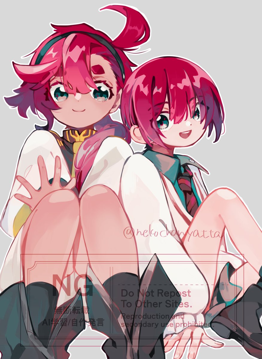 2girls, :d, ahoge, amate_yuzuriha, ankle_boots, aqua_shirt, artist_name, asticassia_school_uniform