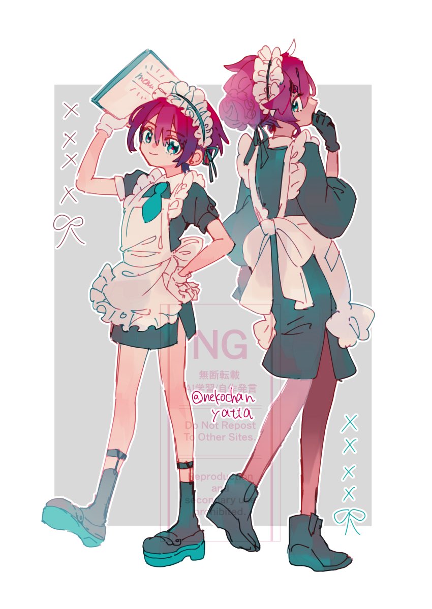 2girls, alternate_costume, amate_yuzuriha, ankle_garter, apron, aqua_necktie, arm_up, artist_name