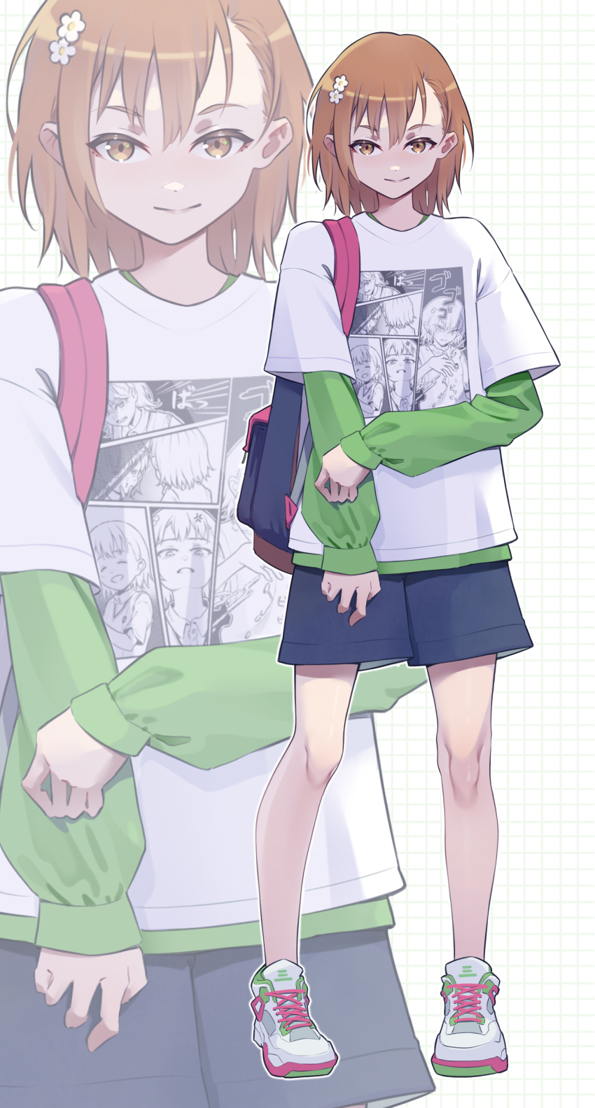 1girl, absurdres, alternate_costume, blue_skirt, brown_eyes, brown_hair, casual, closed_mouth