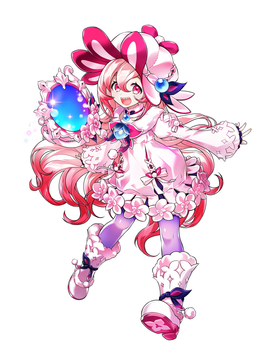 1girl, absurdres, artist_request, black_bow, black_bowtie, blue_flower, boots, bow, bow_choker, bowtie, brooch, choker, cross-laced_clothes, cross-laced_dress, dress, dress_bow, dress_flower, elsword, eyelashes, floating, floating_object, flower, flower_brooch, footwear_bow, frilled_sleeves, frills, full_body, fur-trimmed_boots, fur-trimmed_dress, fur_choker, fur_trim, gradient_hair, hair_between_eyes, happy, hat, hat_bow, highres, knee_boots, knees, laby_(elsword), large_hat, long_hair, long_sleeves, medium_dress, mirror, mob_cap, multicolored_hair, nisha_(elsword), official_alternate_costume, official_art, open_mouth, pantyhose, pink_bow, pink_eyes, pink_hair, pom_pom_(clothes), puffy_long_sleeves, puffy_sleeves, purple_pantyhose, red_hair, second-party_source, sharp_teeth, shining_romantica_(elsword), sleeves_past_wrists, smile, solo, tachi-e, tareme, teeth, transparent_background, upper_teeth_only, very_long_hair, white_boots, white_bow, white_choker, white_dress, white_flower, white_hat