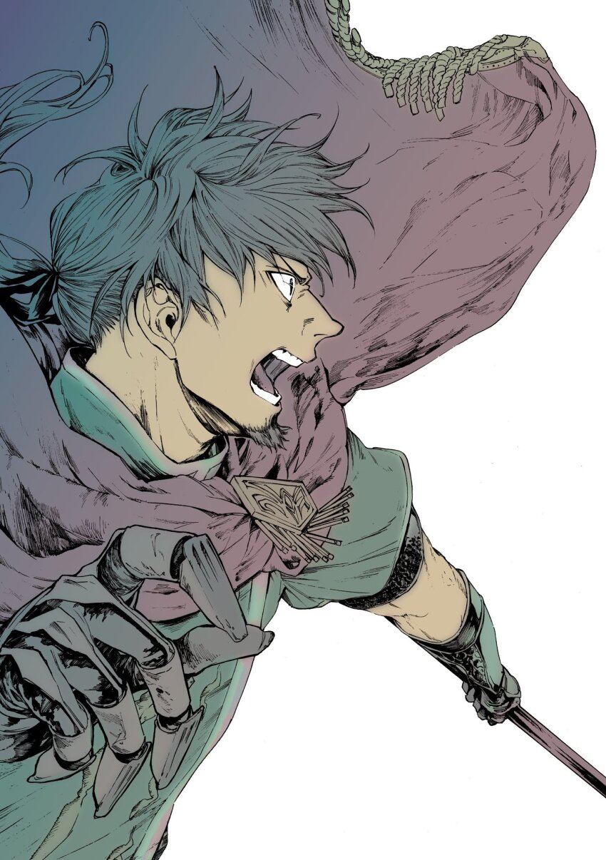 1boy, facial_hair, fate/grand_order, fate_(series), floating_cape, gauntlets, goatee, hector_(fate), highres, holding, holding_polearm, holding_weapon, inome_doukutsu, male_focus, mature_male, open_mouth, polearm, ponytail, shouting, simple_background, solo, teeth, tunic, weapon, white_background