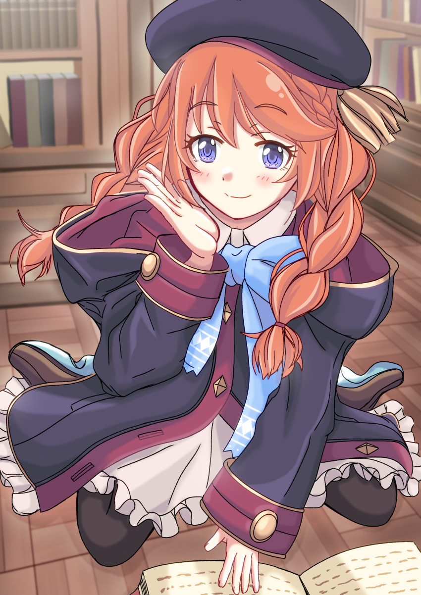 1girl, absurdres, beret, black_pantyhose, blue_bow, book, bookshelf, bow