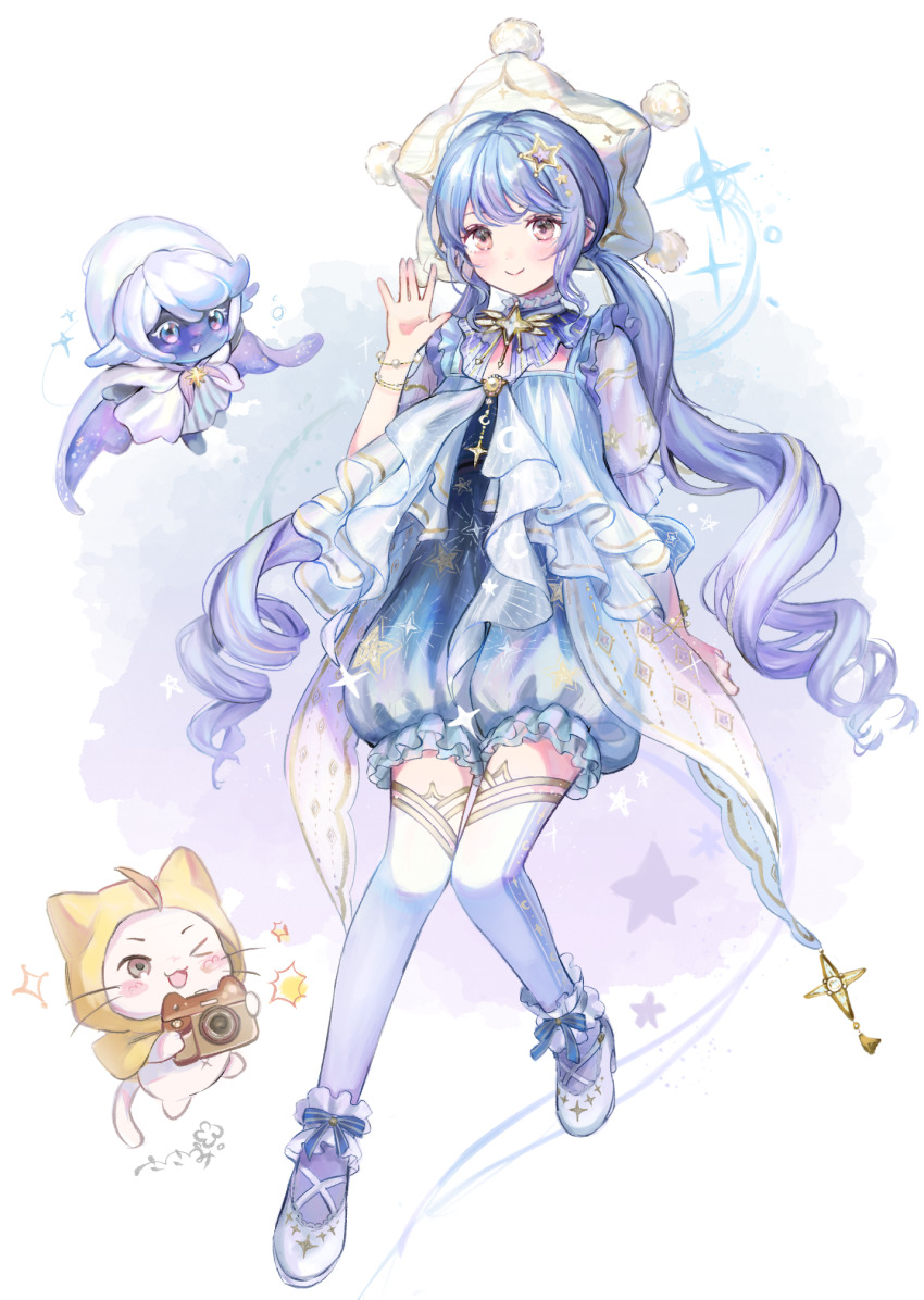 1girl, ^^^, ahoge, animal, ankle_bow, ankle_ribbon, blue_bow, blue_dress, blue_hair, bow, bowtie, bracelet, brooch, brown_eyes, camera, cat, choker, cloak, closed_mouth, clothed_animal, cross-laced_shoes, dress, drill_hair, ear_covers, eyelashes, faewish_sprite, floating, frilled_anklet, frilled_choker, frilled_jacket, frilled_sleeves, frills, giroda_(infinity_nikki), gold_bracelet, gradient_hair, gradient_thighhighs, hair_ornament, hand_up, happy, hat, highres, holding, holding_camera, hood, hood_up, hooded_cloak, infinity_nikki, jacket, jewelry, light_blush, long_hair, low_twintails, mary_janes, momo_(nikki), multicolored_hair, nikki_(nikki), nikki_(series), one_eye_closed, open_clothes, open_jacket, open_mouth, pink_eyes, pom_pom_hat_ornament, puffy_short_sleeves, puffy_sleeves, purple_bow, purple_bowtie, purple_choker, purple_eyes, purple_hair, purple_thighhighs, ribbon, sasami_(shiroi_fuwafuwa), see-through_clothes, see-through_jacket, shoes, short_sleeves, sidelocks, smile, space_print, sparkle, standing, star_(symbol), star_brooch, star_hair_ornament, star_print, star_symbol_background, starlet_burst_(infinity_nikki), starry_sky_print, striped_bow, taking_picture, thighhighs, twin_drills, twintails, two-sided_cloak, two-sided_fabric, very_long_hair, waving, whiskers, white_background, white_cat, white_cloak, white_hat, white_jacket, white_shoes, white_thighhighs, yellow_cloak