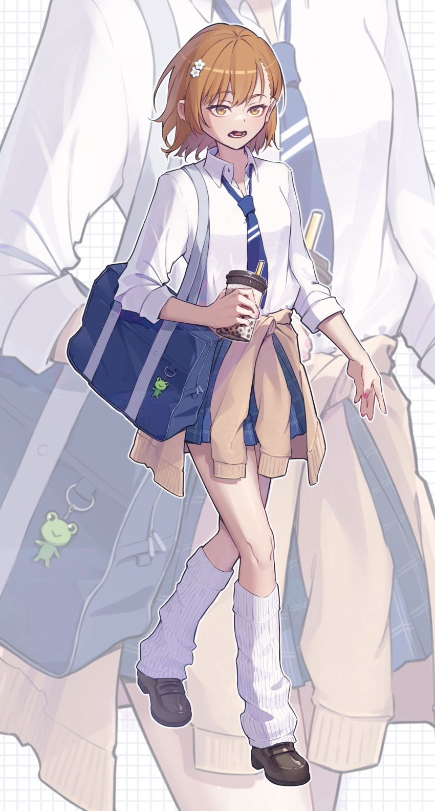 1girl, absurdres, alternate_costume, bag, brown_eyes, brown_hair, brown_shoes, cardigan