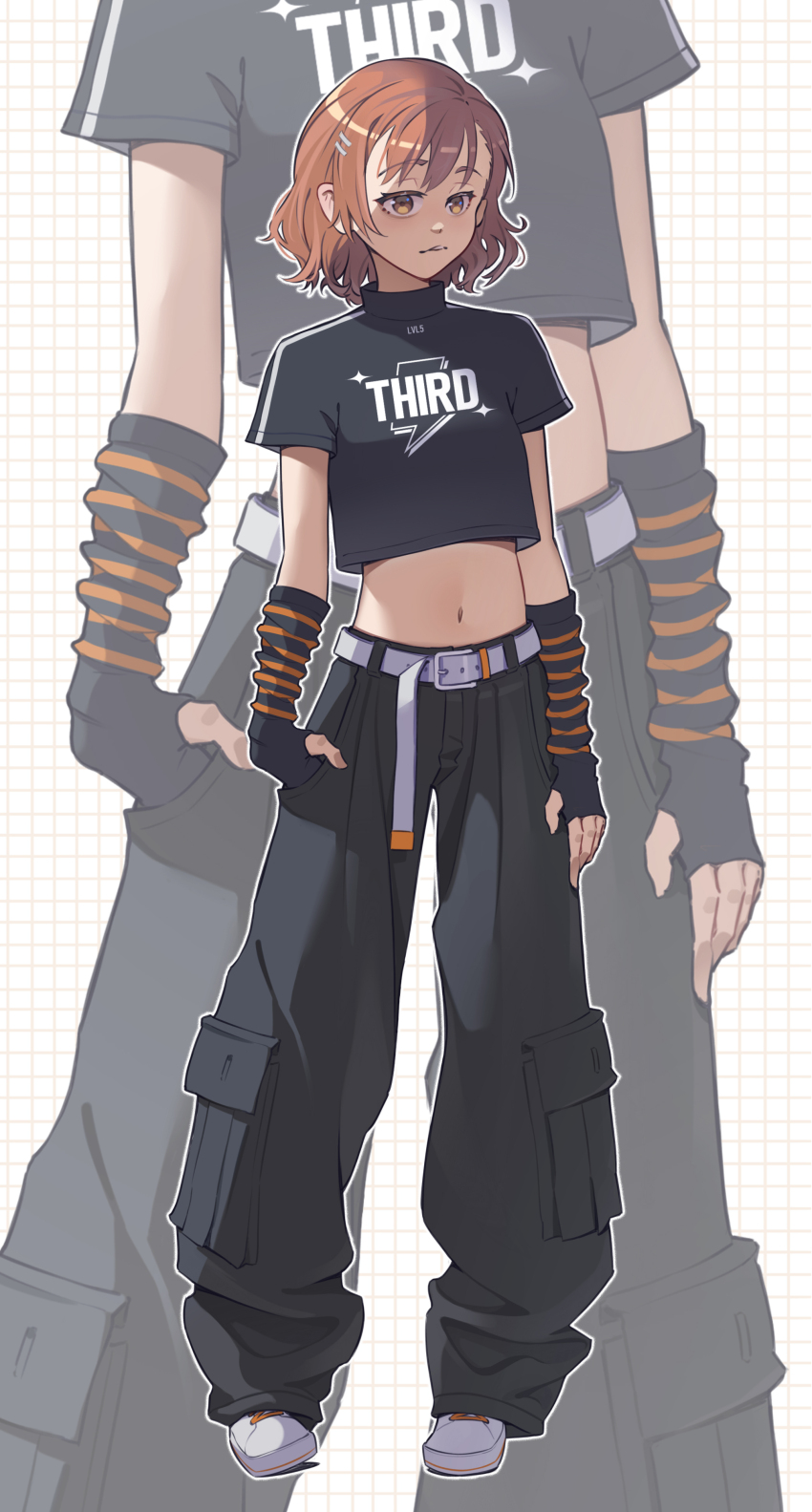 1girl, absurdres, alternate_costume, black_gloves, black_pants, black_shirt, breasts, brown_eyes, brown_hair, crop_top, cropped_shirt, elbow_gloves, fingerless_gloves, full_body, gloves, highres, karakara_(xryns01), legs, midriff, misaka_mikoto, navel, pants, shirt, short_sleeves, simple_background, small_breasts, solo, thighs, toaru_kagaku_no_railgun, toaru_majutsu_no_index, turtleneck, turtleneck_shirt, white_background, zoom_layer