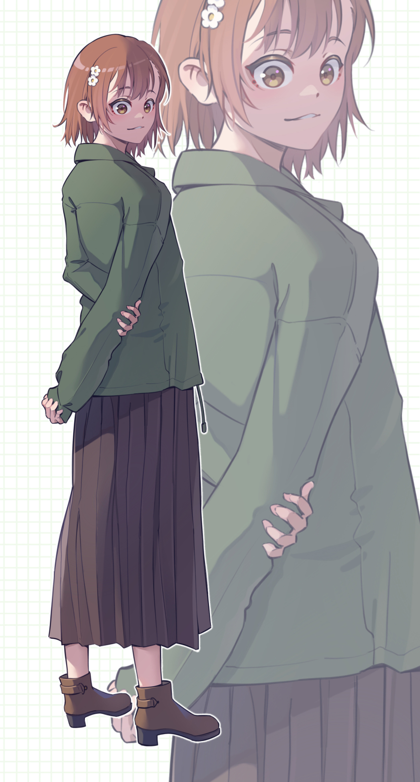 1girl, absurdres, alternate_costume, arms_behind_back, black_skirt, brown_eyes, brown_hair, brown_shoes