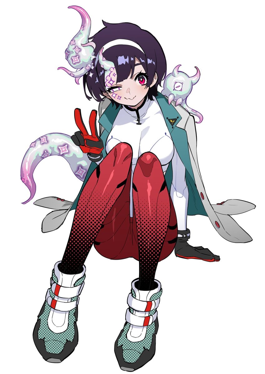 1girl, :3, =_=, arm_support, asymmetrical_eyes, black_hair, bodysuit, creature