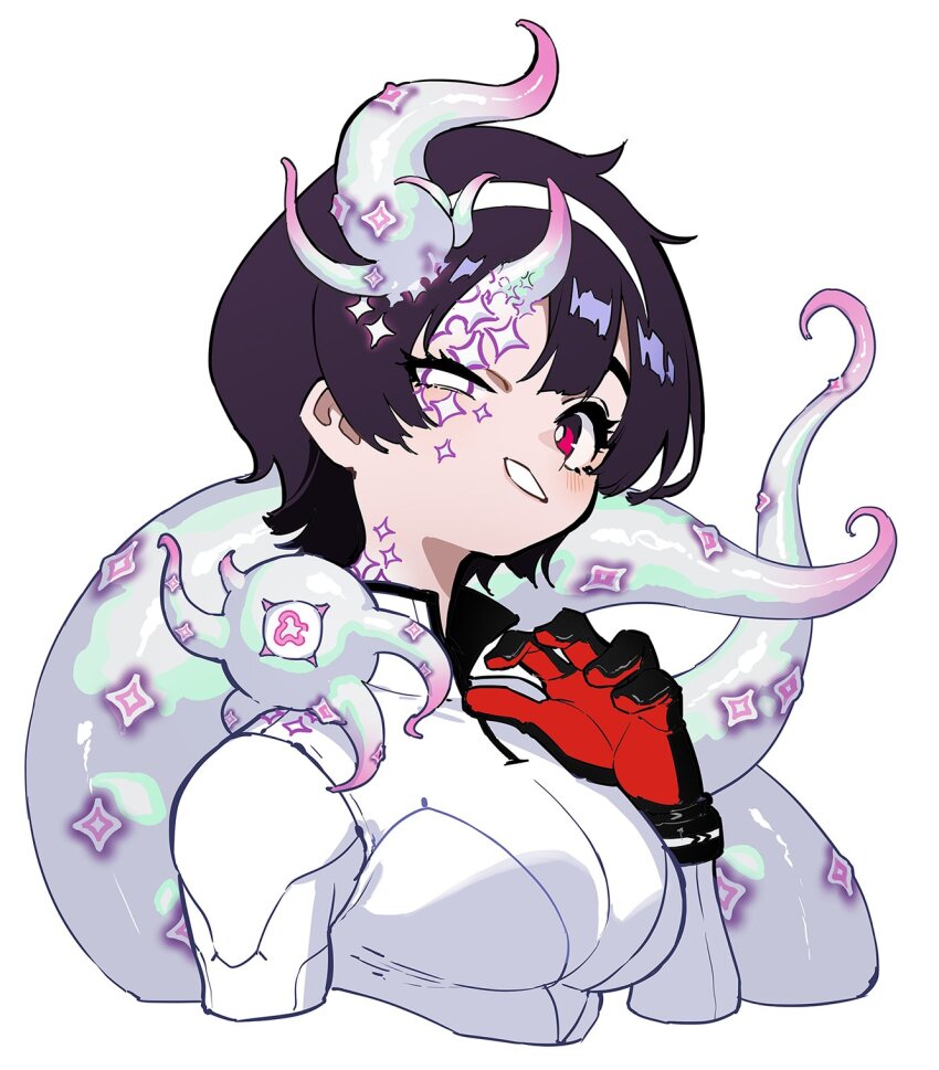 1girl, asymmetrical_eyes, black_hair, bodysuit, breasts, claw_pose, creature, cropped_shoulders