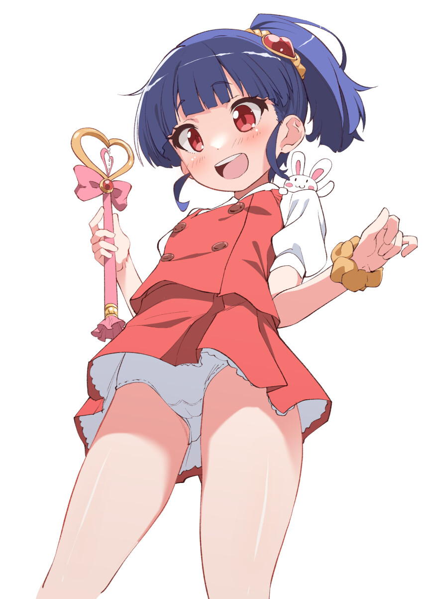 1girl, :d, absurdres, bare_shoulders, blue_hair, blunt_bangs, blush, commentary_request, cowboy_shot, dot_nose, from_below, hair_ornament, hair_scrunchie, hands_up, happy, highres, holding, holding_staff, hoshigaki_manon, legs_apart, loli, looking_down, medium_hair, miniskirt, nekono_matatabi, open_mouth, panties, red_eyes, red_shirt, red_skirt, scrunchie, shirt, short_sleeves, side_ponytail, sidelocks, simple_background, skirt, smile, solo, staff, standing, straight_hair, teeth, tokyo_7th_sisters, underwear, upper_teeth_only, upskirt, white_background, white_panties, wrist_scrunchie, yellow_scrunchie