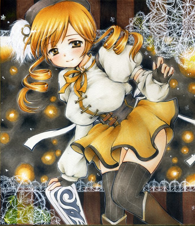 10s, blonde_hair, drill_hair, fingerless_gloves, gloves, hat, long_hair, mahou_shoujo_madoka_magica